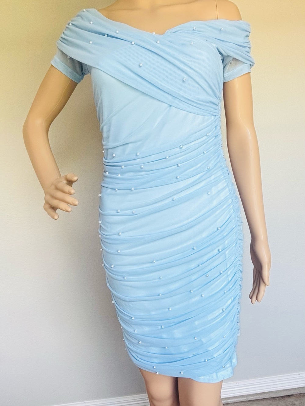 SHEIN Light Blue Pearl-Embellished Open Shoulder beaded Bodycon Dress - Picture 14 of 15